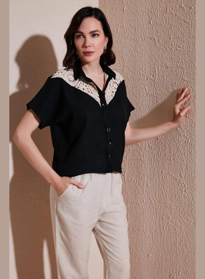 ليلا قميص نسائي بأكمام قصيرة بقصة مريحة من الدانتيل ليلا