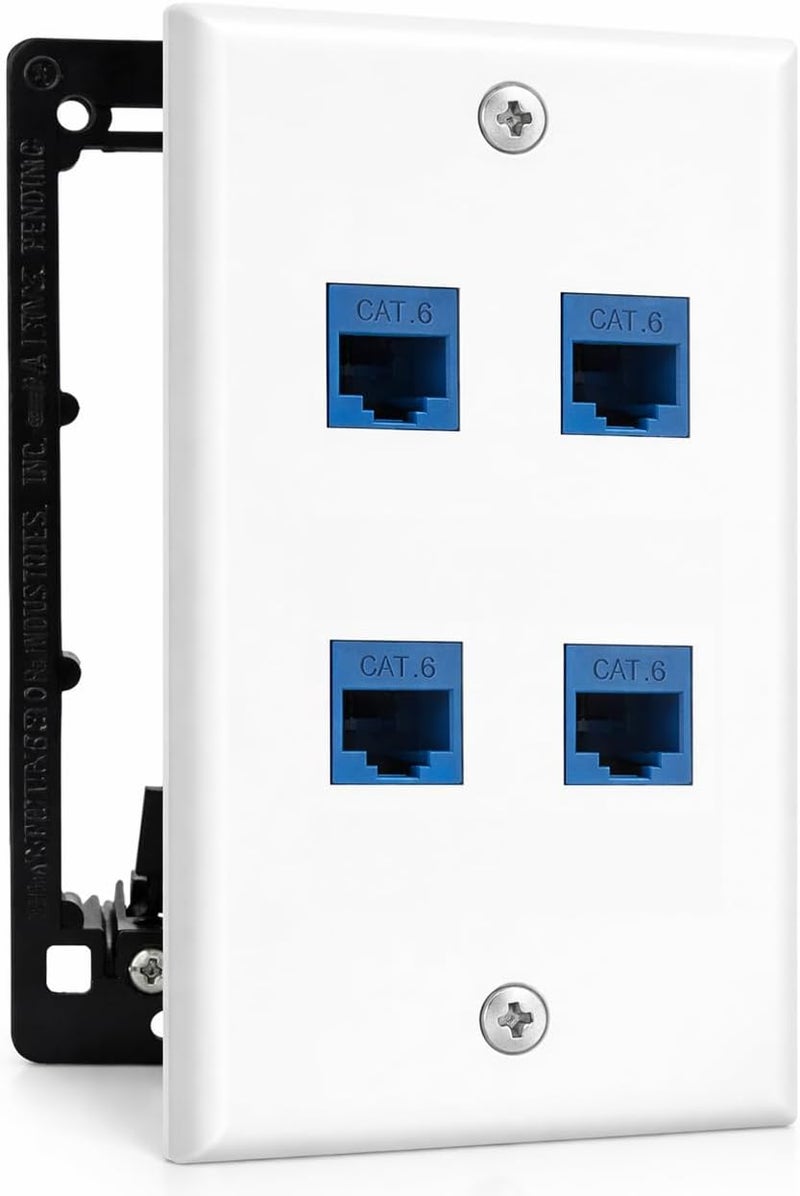 DIYTECH 4 Port Ethernet Wall Plate, Cat 6, Wall Outlet, RJ45 Female to Female Keystone Jacks - White - Image 1