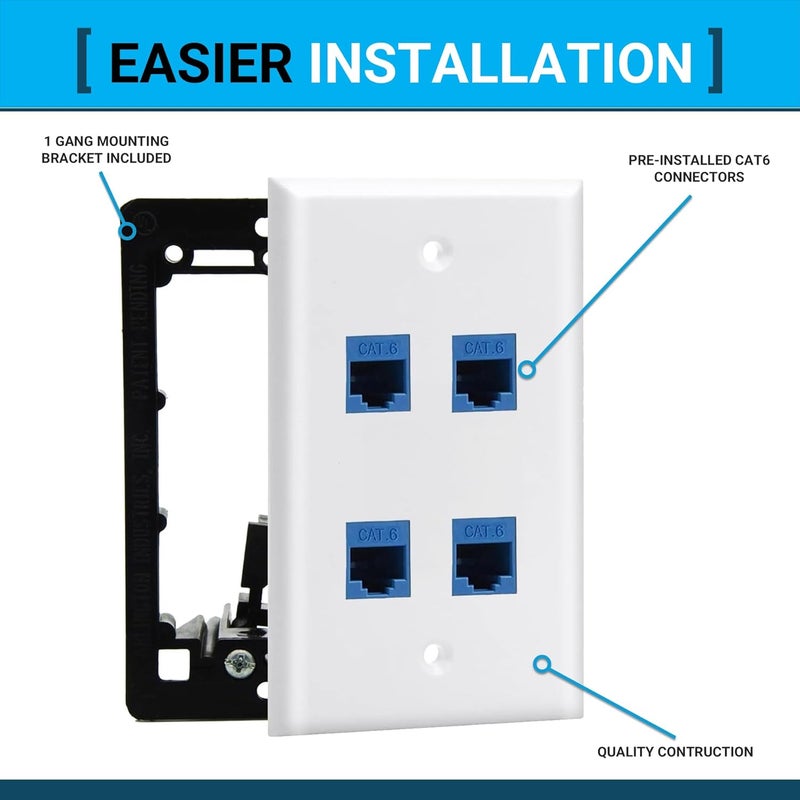DIYTECH 4 Port Ethernet Wall Plate, Cat 6, Wall Outlet, RJ45 Female to Female Keystone Jacks - White - Image 2