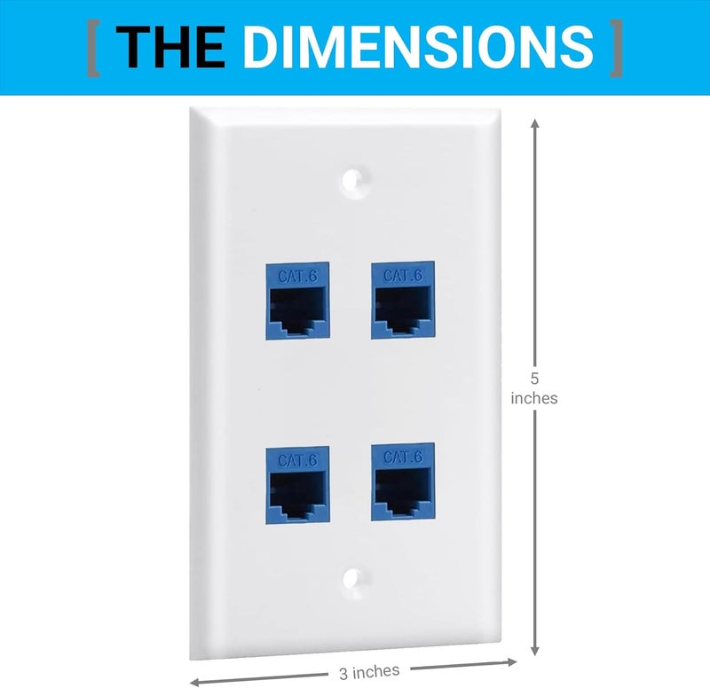 DIYTECH 4 Port Ethernet Wall Plate, Cat 6, Wall Outlet, RJ45 Female to Female Keystone Jacks - White - Image 3