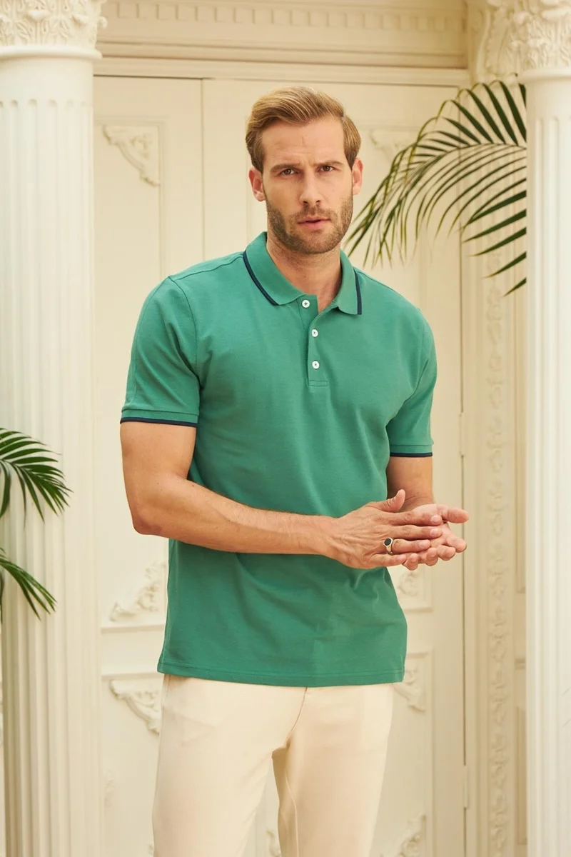 اوديلون Men's Slim Fit Plain Polo Neck T-Shirt Green