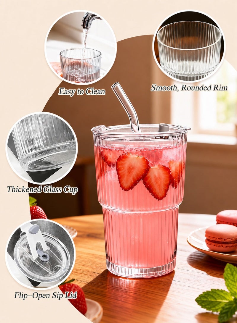 DAMCONME 2Pack Coffee Cups Simple Vertical Stripes Water Glasses with Lids and Straws - Image 2