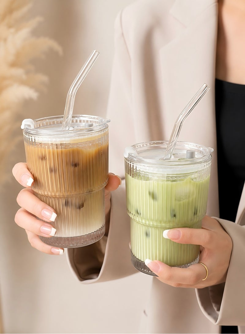 DAMCONME 2Pack Coffee Cups Simple Vertical Stripes Water Glasses with Lids and Straws - Image 1