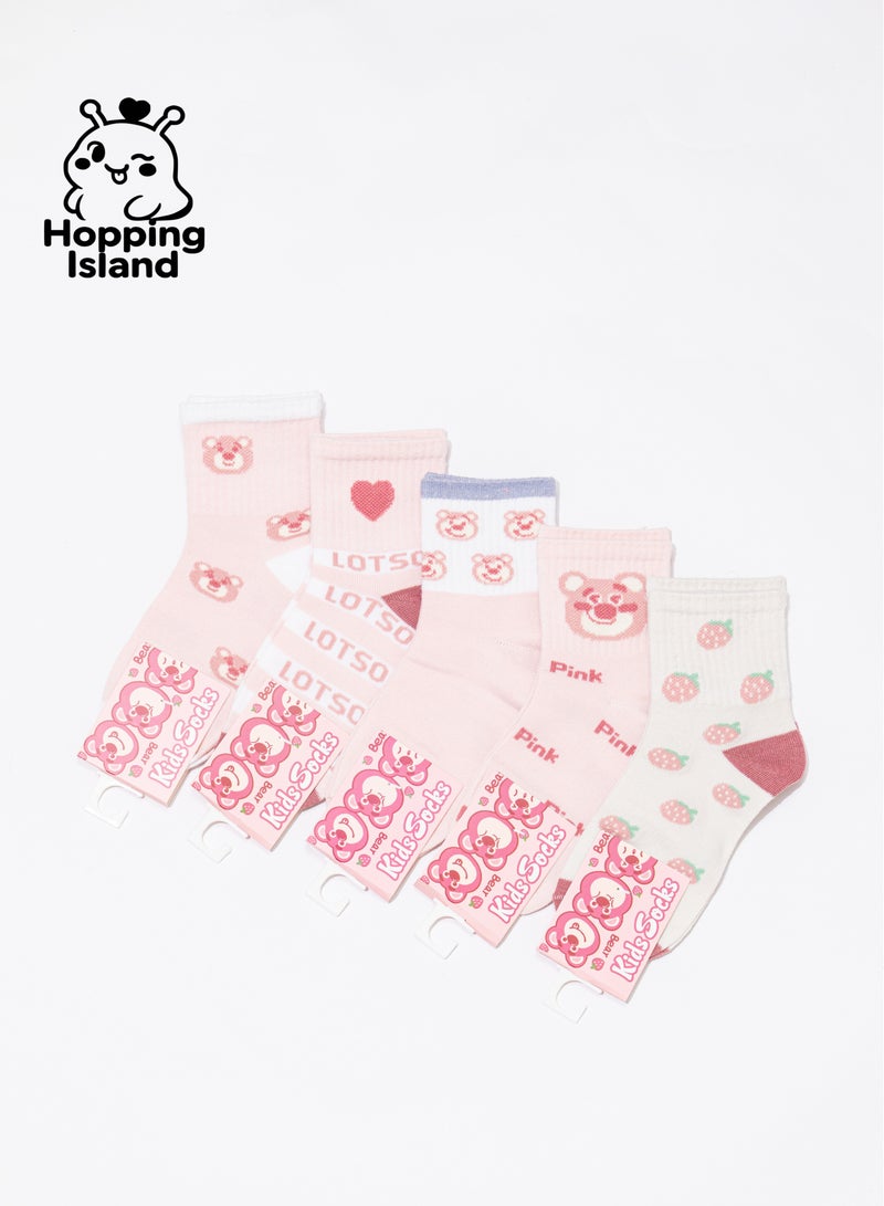 ​جَزِيرَةُ الْقَفَزَاتِ جوارب أطفال بناتي أولاد 5 أزواج بنقشة دب الفراولة مقاس S من 1 إلى 4 سنوات [HI] - Image 2