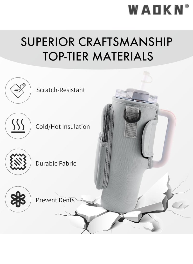 WAOKN Water Bottle Carrier Bag for Stanley 40 oz with Phone Pocket Water Bottle Holder with Handle，Cell Phone Pocket and Adjustable Shoulder Strap Tumbler Accessories for Stanley (Grey)  - Image 2