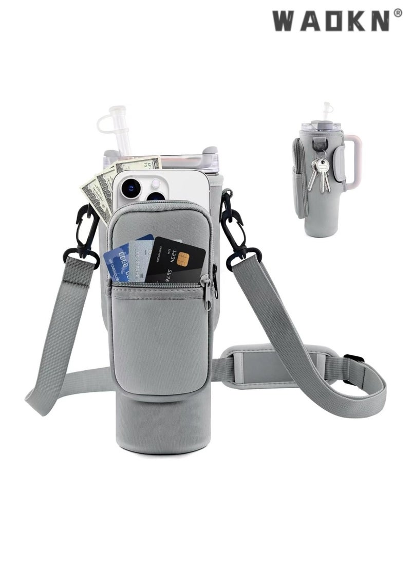 WAOKN Water Bottle Carrier Bag for Stanley 40 oz with Phone Pocket Water Bottle Holder with Handle，Cell Phone Pocket and Adjustable Shoulder Strap Tumbler Accessories for Stanley (Grey)  - Image 1