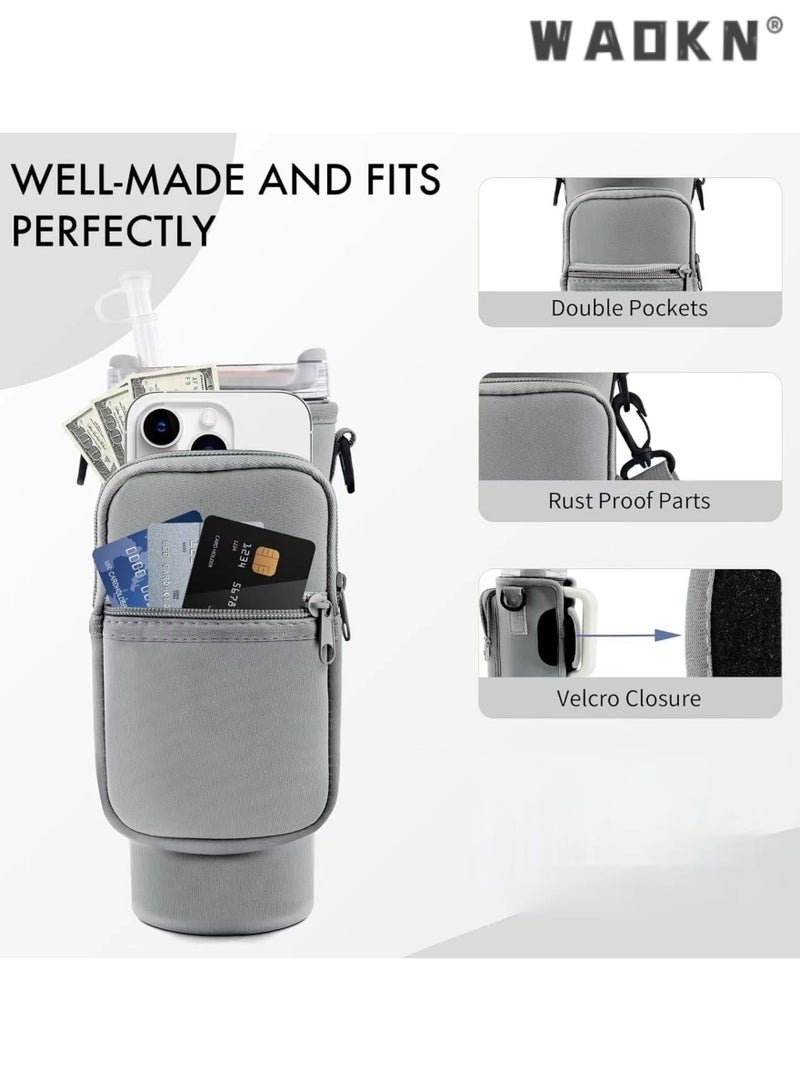 WAOKN Water Bottle Carrier Bag for Stanley 40 oz with Phone Pocket Water Bottle Holder with Handle，Cell Phone Pocket and Adjustable Shoulder Strap Tumbler Accessories for Stanley (Grey)  - Image 4