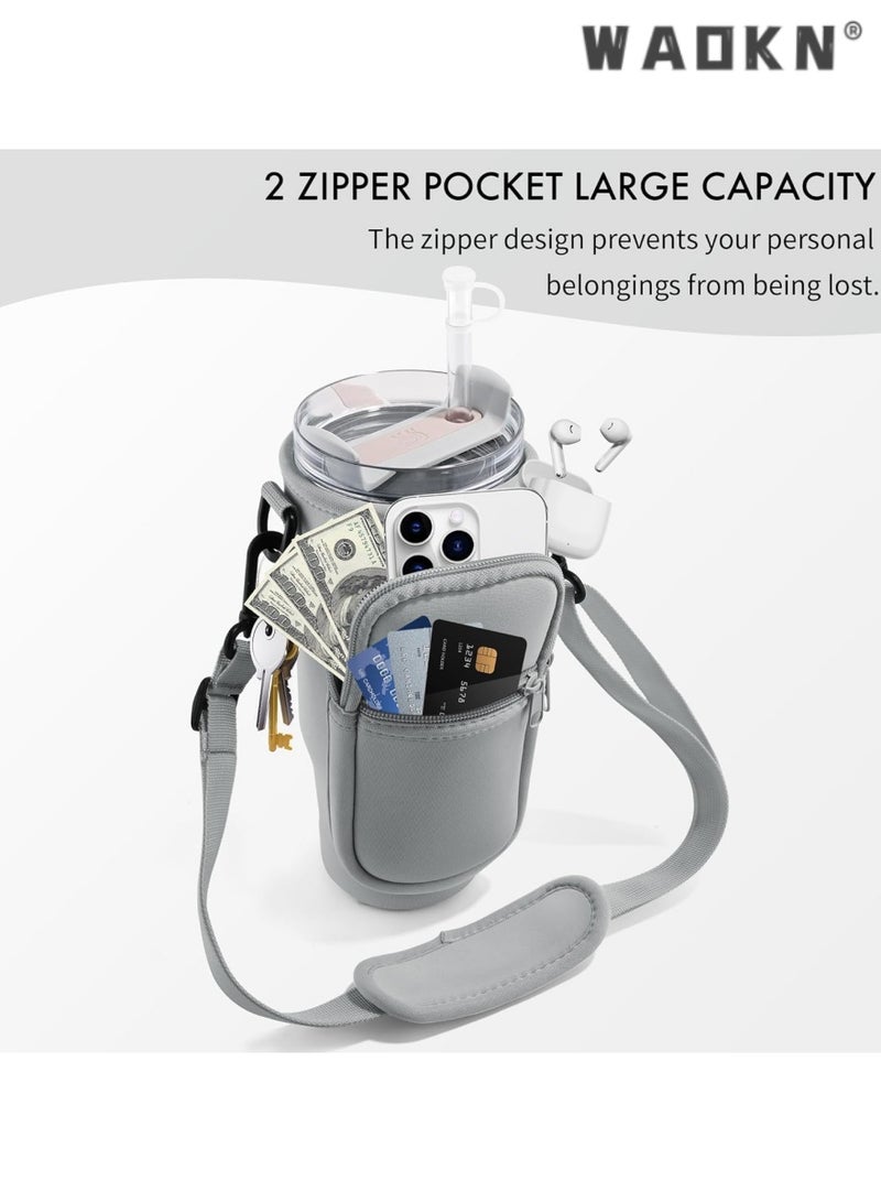 WAOKN Water Bottle Carrier Bag for Stanley 40 oz with Phone Pocket Water Bottle Holder with Handle，Cell Phone Pocket and Adjustable Shoulder Strap Tumbler Accessories for Stanley (Grey)  - Image 3
