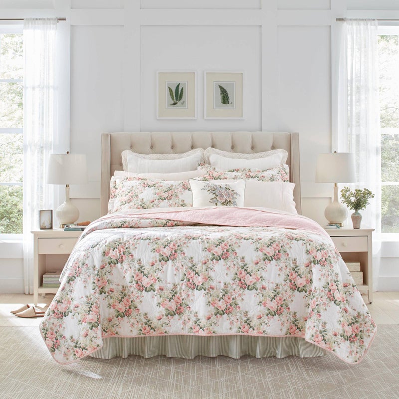 LAURA ASHLEY Laura Ashley Queen Quilt Set Cotton Reversible Bedding Set All Season Cottage Home Dcor Joyce Pink Queen