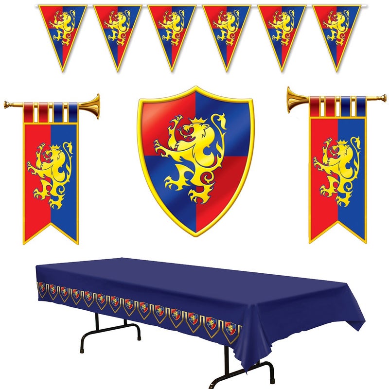 Medieval Party Decorations  Cardboard Herald Trumpets and Crest Plastic Pennant Banner and Tablecover Bundle of 5 by Multiple