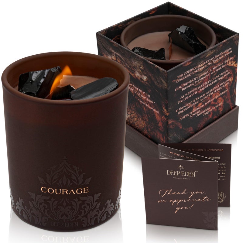 Deep Eden Forest Mahogany Scented Crystal Candle - Luxury Empowerment Candle with Black Tourmaline Crystals - 7.4oz Natural Soy, Coconut & Beeswax Wood Wick Candles for Men - Image 1