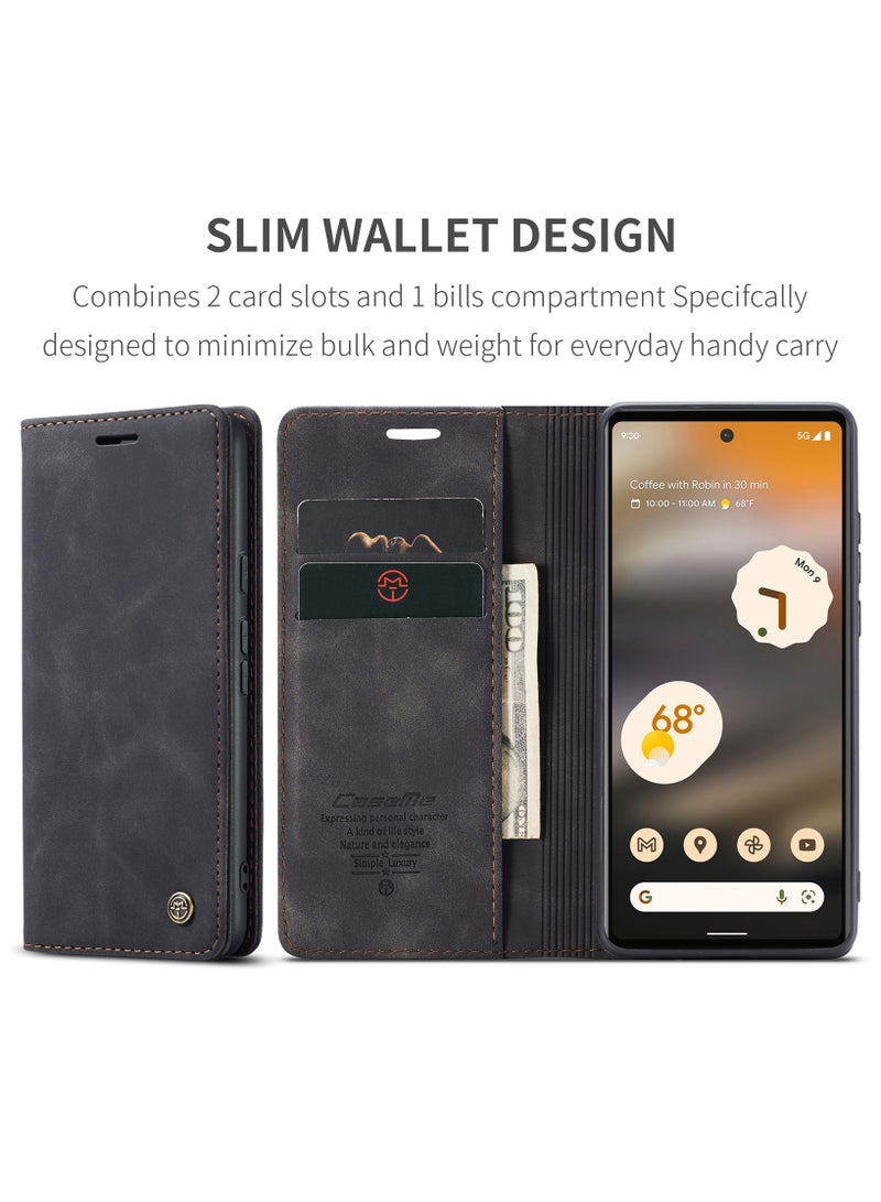CaseMe Google Pixel 6A Case Wallet Case Book Folding Flip Folio Case with Magnetic Kickstand Card Slots Protective Cover - Black - Image 4