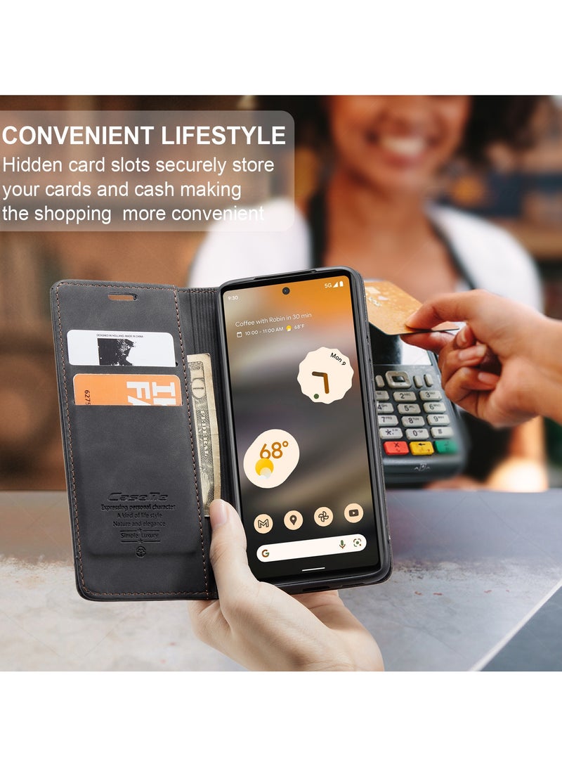 CaseMe Google Pixel 6A Case Wallet Case Book Folding Flip Folio Case with Magnetic Kickstand Card Slots Protective Cover - Black - Image 3