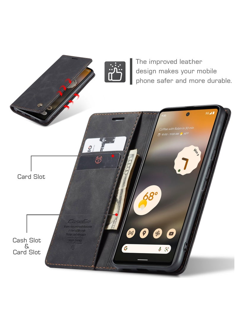 CaseMe Google Pixel 6A Case Wallet Case Book Folding Flip Folio Case with Magnetic Kickstand Card Slots Protective Cover - Black - Image 5