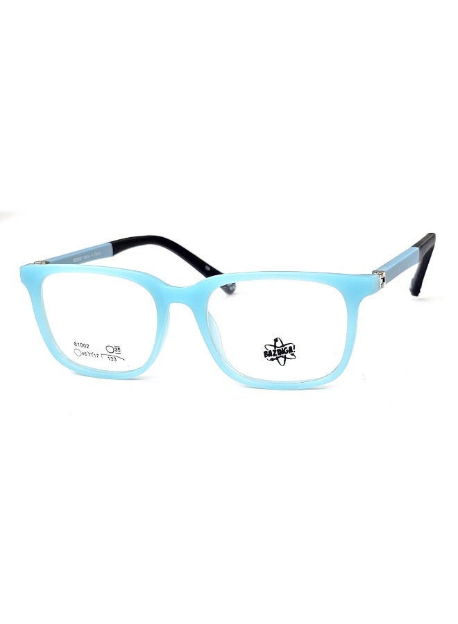 Bazinga kids’ glasses feature a stylish light blue frame with black temples for a modern and playful look. Made from premium TR-90 material, the frame is lightweight, flexible, and highly durable, ensuring comfort for daily wear. Designed as a unisex frame, it suits both boys and girls and supports all types of prescription lenses. Comes with a protective case and cleaning cloth.