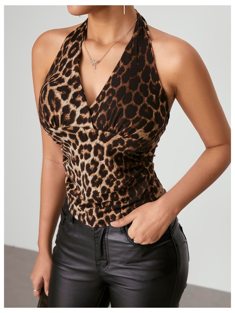 WDIRARA Women's Leopard Print Ruched Halter Crop Tops V Neck Tie Back Sleeveless Slim Fit Cami Tops Multicolor Leopard X-Small - Image 3