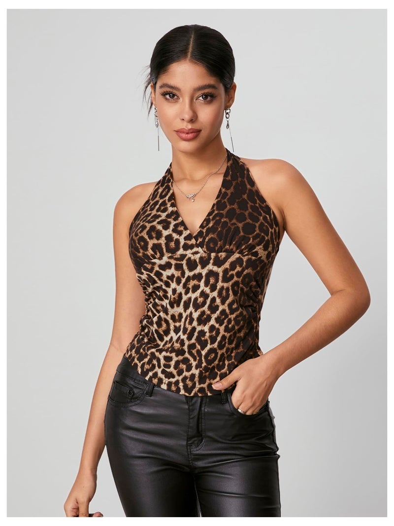 WDIRARA Women's Leopard Print Ruched Halter Crop Tops V Neck Tie Back Sleeveless Slim Fit Cami Tops Multicolor Leopard X-Small - Image 2