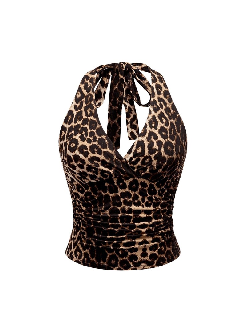 WDIRARA Women's Leopard Print Ruched Halter Crop Tops V Neck Tie Back Sleeveless Slim Fit Cami Tops Multicolor Leopard X-Small - Image 1