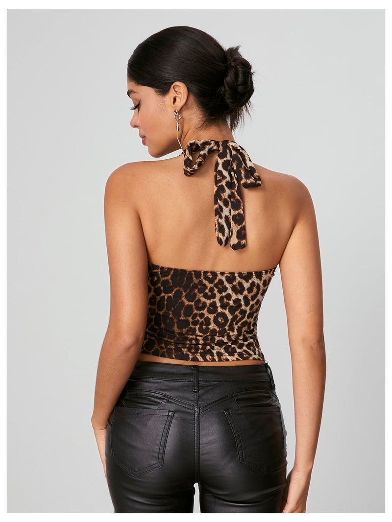 WDIRARA Women's Leopard Print Ruched Halter Crop Tops V Neck Tie Back Sleeveless Slim Fit Cami Tops Multicolor Leopard X-Small - Image 5