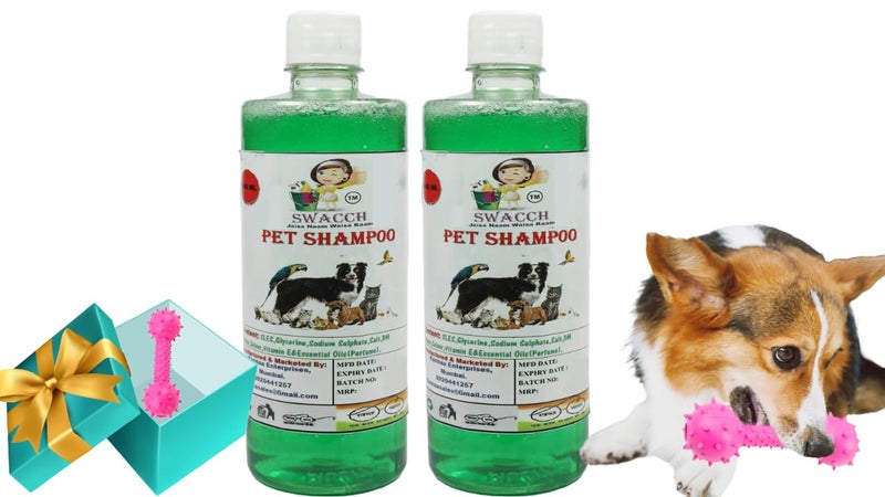 swacch Pet Shampoo + Dumbbell Toy I Durable Rubber Dog Toy for Chewing I Playing,Teeth Cleaning & Training Toy I Combo Pack I 500ml Pack of 2 Neem Alovera - Image 1