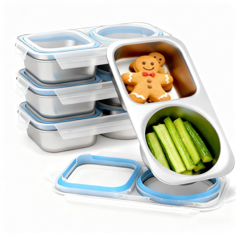 Bakpoco 4 Pack Stainless Steel Snack Containers For Kids Adults, 2 Compartment Reusable Metal Snack Boxes With Leak-Proof Lids, Compact Lunch Food Storage Container - Image 1