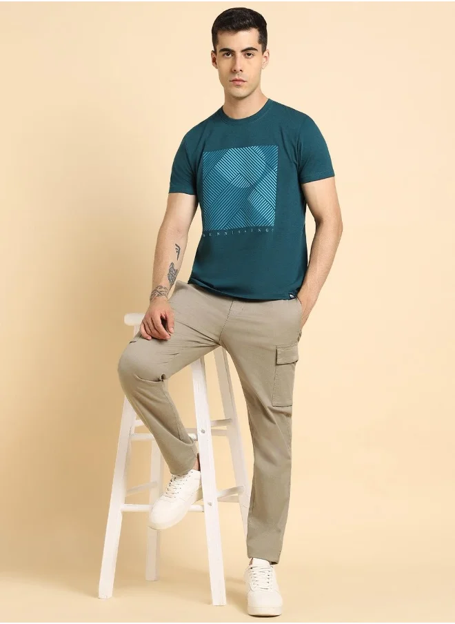 دينيس لينغو Teal Printed Regular Fit Crew Neck T-shirt for Men - 100% Cotton, Half Sleeves, Casual