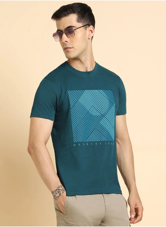 دينيس لينغو Teal Printed Regular Fit Crew Neck T-shirt for Men - 100% Cotton, Half Sleeves, Casual