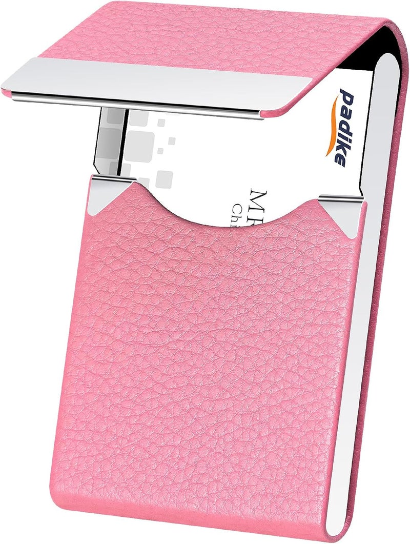 Padike Professional Business Card Holder PU Leather Business Card Case Name Card Holder Slim Metal Pocket Card Holder with Magnetic Shut (Pink) - Image 1