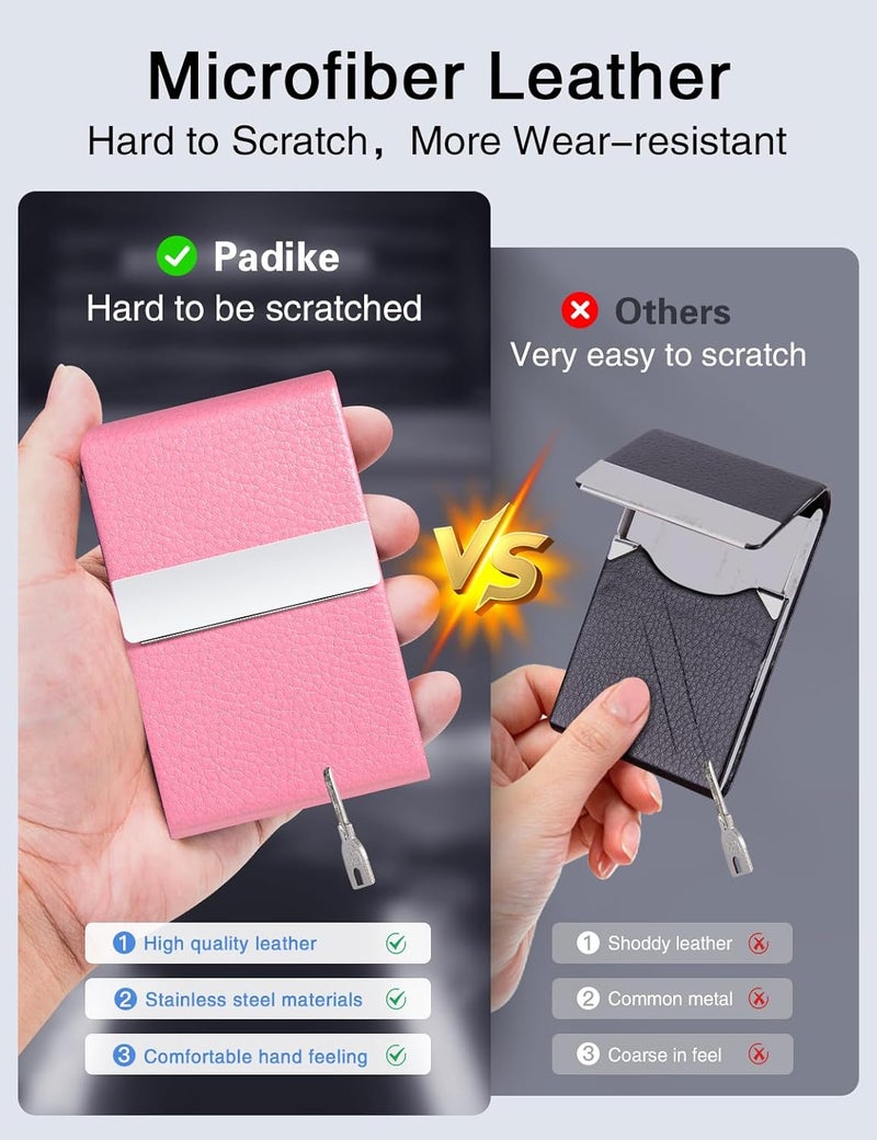 Padike Professional Business Card Holder PU Leather Business Card Case Name Card Holder Slim Metal Pocket Card Holder with Magnetic Shut (Pink) - Image 3