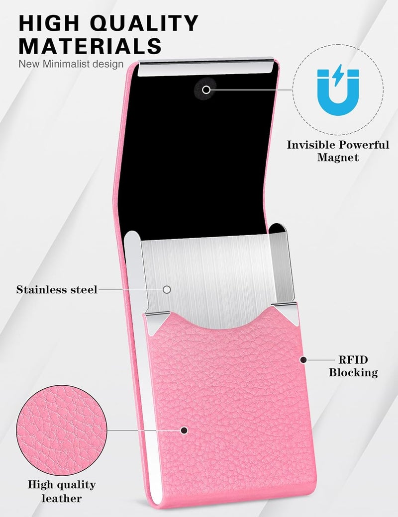 Padike Professional Business Card Holder PU Leather Business Card Case Name Card Holder Slim Metal Pocket Card Holder with Magnetic Shut (Pink) - Image 2