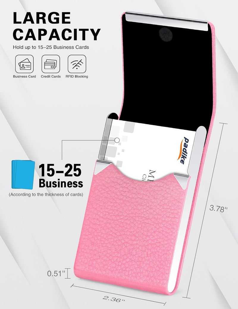 Padike Professional Business Card Holder PU Leather Business Card Case Name Card Holder Slim Metal Pocket Card Holder with Magnetic Shut (Pink) - Image 4