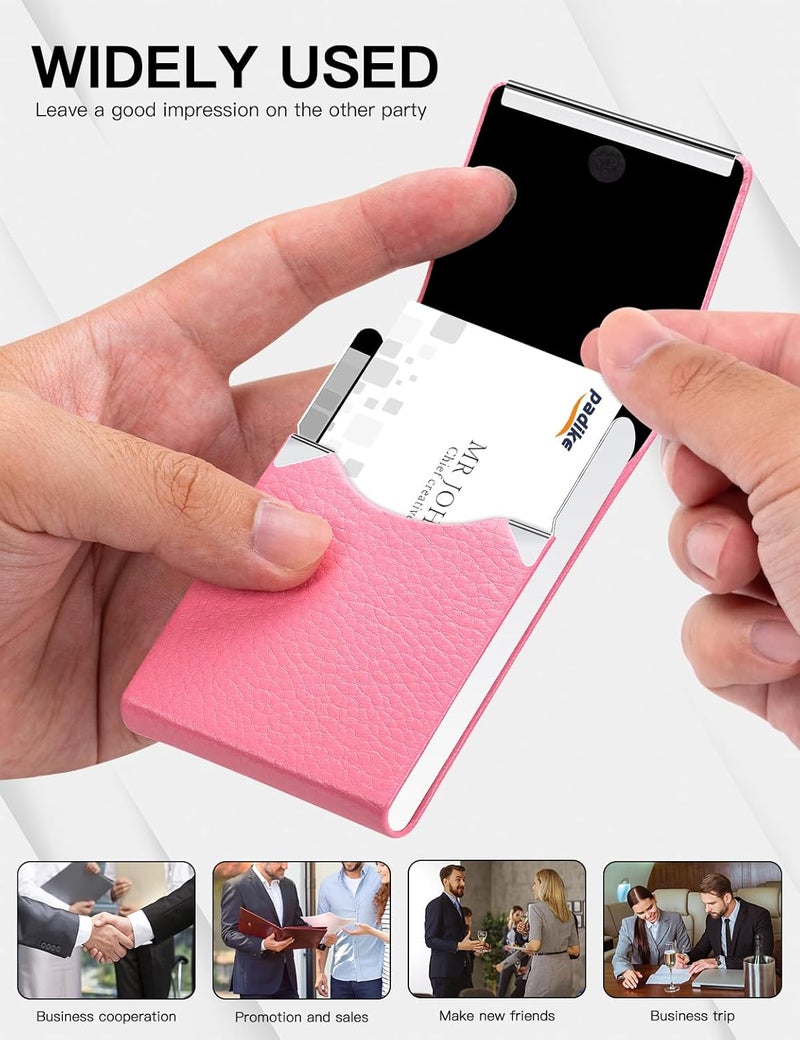 Padike Professional Business Card Holder PU Leather Business Card Case Name Card Holder Slim Metal Pocket Card Holder with Magnetic Shut (Pink) - Image 5