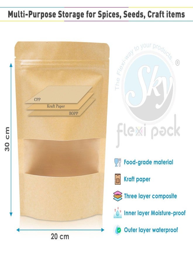 SKY FLEXI PACK Brown Kraft Paper Zip lock Stand Up Pouches | 1.5Kg | 20cm x 30 cm | Pack of 50 | Food Grade Storage Bags with Transparent Window | Airtight Reusable for Dry Fruits, Snacks, Spices - Image 2