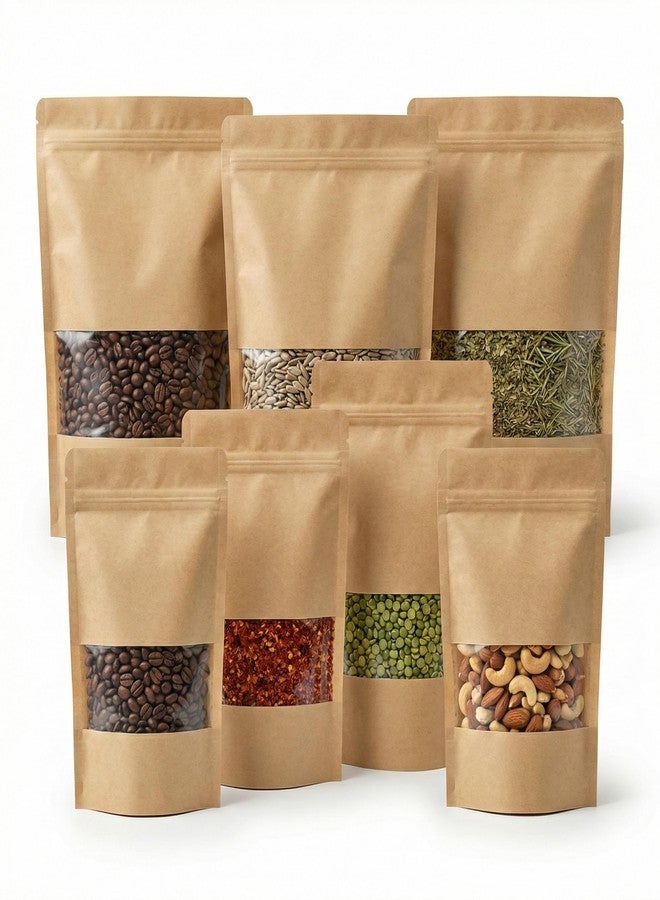 SKY FLEXI PACK Brown Kraft Paper Zip lock Stand Up Pouches | 1.5Kg | 20cm x 30 cm | Pack of 50 | Food Grade Storage Bags with Transparent Window | Airtight Reusable for Dry Fruits, Snacks, Spices - Image 1