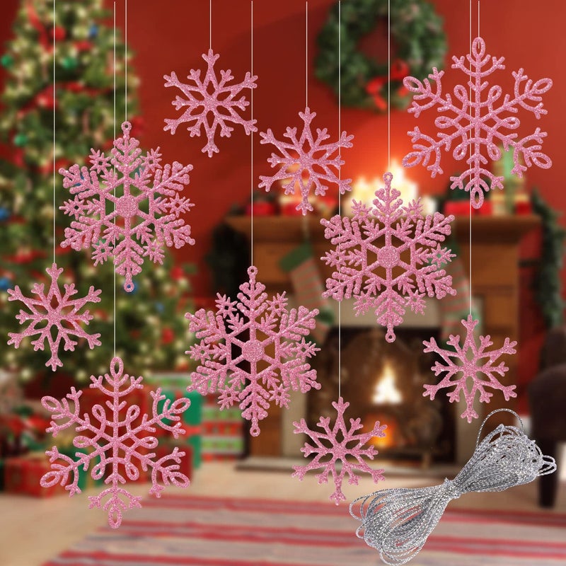Whaline 40Pcs Pink Glitter Snowflake Winter Snowflake Ornaments Christmas Hanging Decorations with 197 Inches Silver Rope for Wedding Birthday Home Xmas Tree Window Door Accessories - Image 1