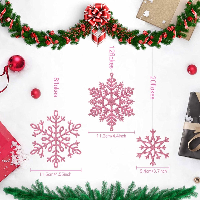 Whaline 40Pcs Pink Glitter Snowflake Winter Snowflake Ornaments Christmas Hanging Decorations with 197 Inches Silver Rope for Wedding Birthday Home Xmas Tree Window Door Accessories - Image 2