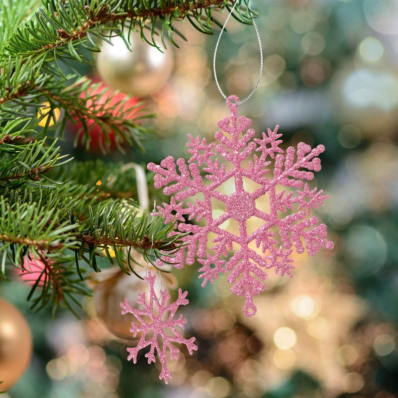 Whaline 40Pcs Pink Glitter Snowflake Winter Snowflake Ornaments Christmas Hanging Decorations with 197 Inches Silver Rope for Wedding Birthday Home Xmas Tree Window Door Accessories - Image 4