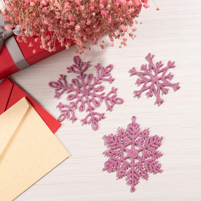 Whaline 40Pcs Pink Glitter Snowflake Winter Snowflake Ornaments Christmas Hanging Decorations with 197 Inches Silver Rope for Wedding Birthday Home Xmas Tree Window Door Accessories - Image 3