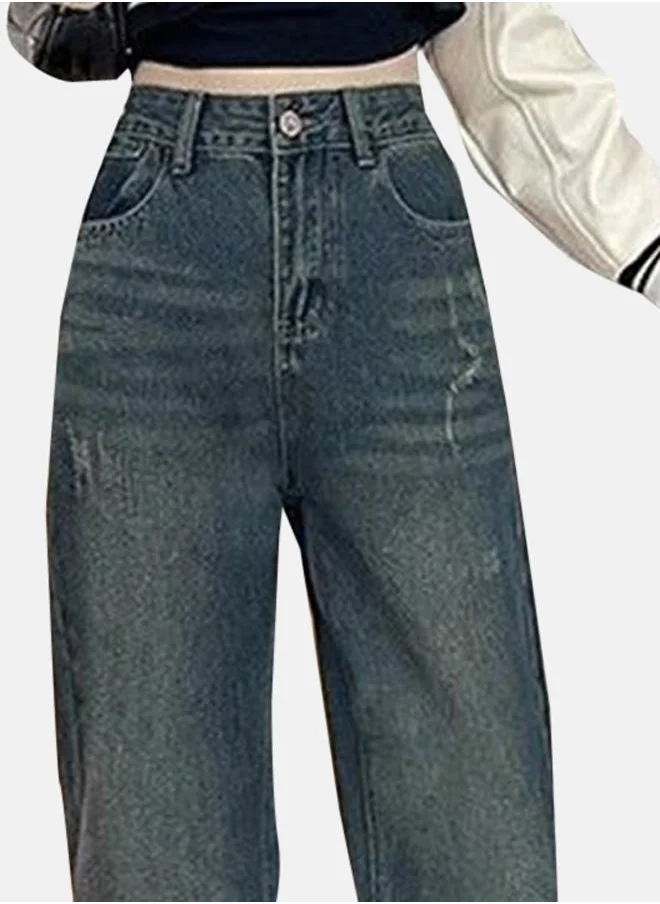 يونيكي Blue Cotton Straight Fit High-Rise Jeans