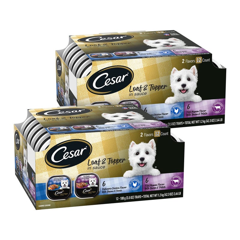 Cesar Loaf in Sauce Wet Dog Food Variety Pack, Rotisserie Chicken Flavor with Bacon & Cheese, Filet Mignon Flavor with Bacon & Potato, Wet Food for Dogs, 3.5 oz Easy Peel Trays, 12 Count (Pack of 2) - Image 1