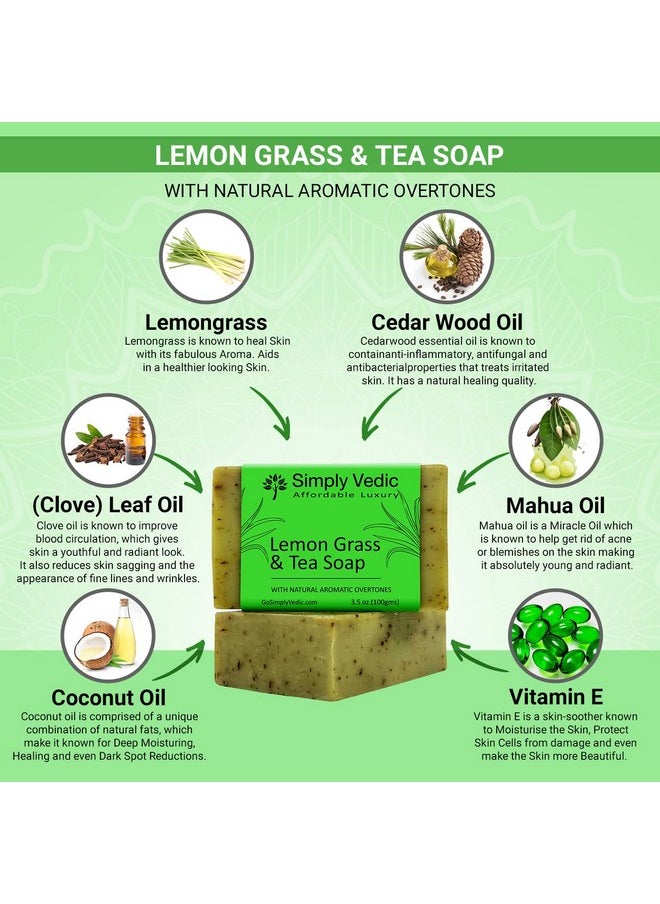Simply Vedic - Lemongrass Soap Bar For Body, Hand, Face. Cold Pressed With Coconut Oil, Hand-Made, Gift Set For Men & Women. 100 Grams - Image 1