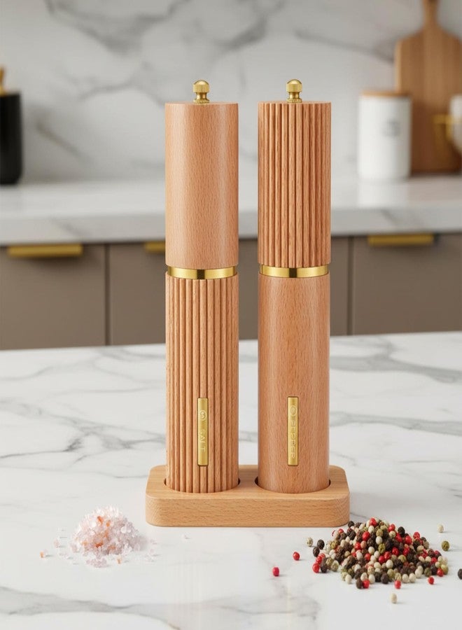 لويم طقم مطحنة ملح وفلفل خشبية من لويم، مطحنة ملح وفلفل يدوية 8 بوصة مع صينية، درجة خشونة قابلة للتعديل، مطاحن خشبية قابلة لإعادة التعبئة مع ملصق زجاجة ذهبي، هدية مثالية للمطبخ (لون الخشب). - Image 1