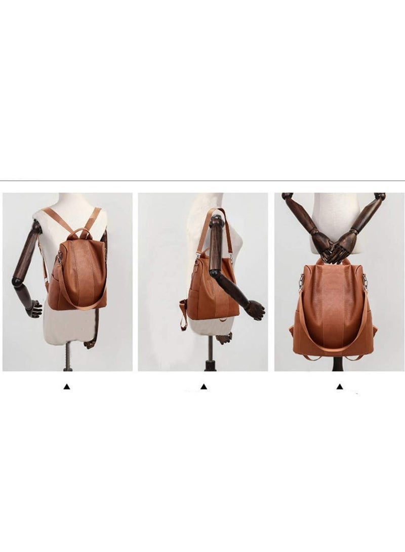 Backpack Handbag PU Leather Daypack Shoulder Bag Antitheft Ladies Rucksack Lightweight Waterproof School Bags for Women/Girls Travel Stylish and Functional Travel Companion Brown - Image 4