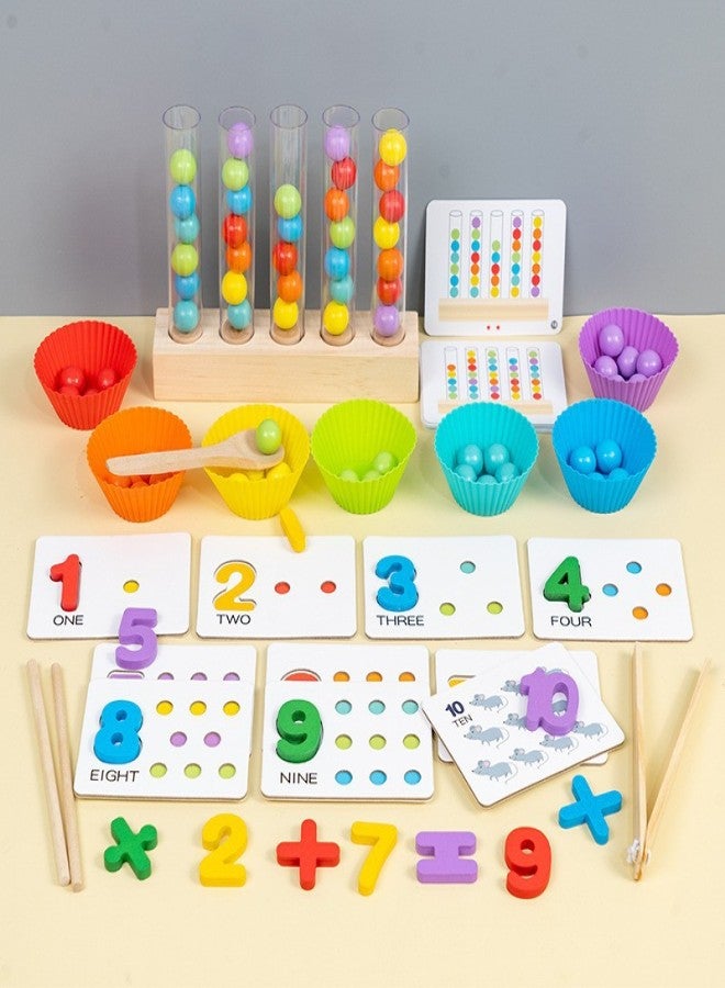 Digital Cognitive Bead Clip Game Kidsren's Early Education Arithmetic Wooden Educational Toys Learning Teaching Aids Gift for Middle and Large Classes(Five test tubes [wooden clip * 1 63 colored beads 7 cups 1 chopsticks 1 spoon 10 cards 15 double-sided game cards 5 test tubes 1 base]]) - Image 1