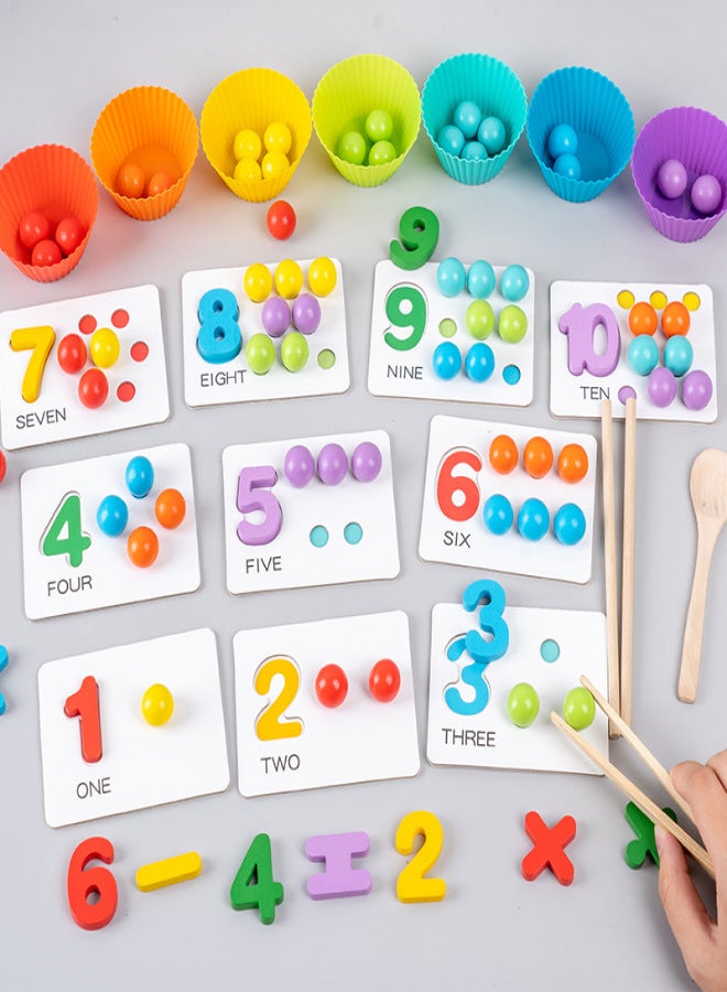 Digital Cognitive Bead Clip Game Kidsren's Early Education Arithmetic Wooden Educational Toys Learning Teaching Aids Gift for Middle and Large Classes(Five test tubes [wooden clip * 1 63 colored beads 7 cups 1 chopsticks 1 spoon 10 cards 15 double-sided game cards 5 test tubes 1 base]]) - Image 3