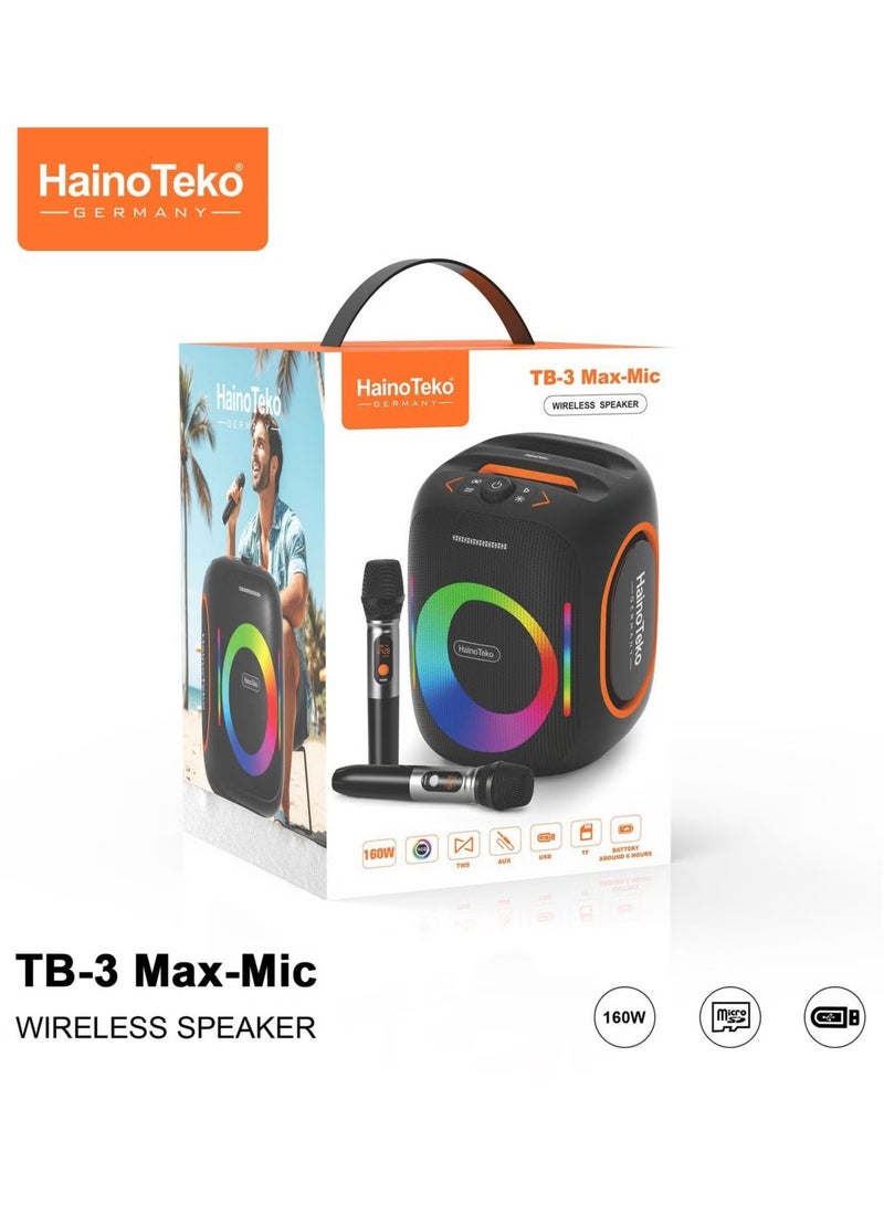 HainoTeko TB-5 Portable Wireless Bluetooth Speaker with 2 Wireless Mics, RGB Lighting, 100W Output Power, Multi-Functional Button Control for Indoor & Outdoor Use - Black - Image 1