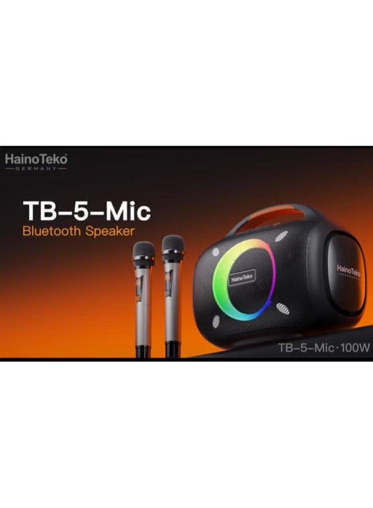 HainoTeko TB-5 Portable Wireless Bluetooth Speaker with 2 Wireless Mics, RGB Lighting, 100W Output Power, Multi-Functional Button Control for Indoor & Outdoor Use - Black - Image 3