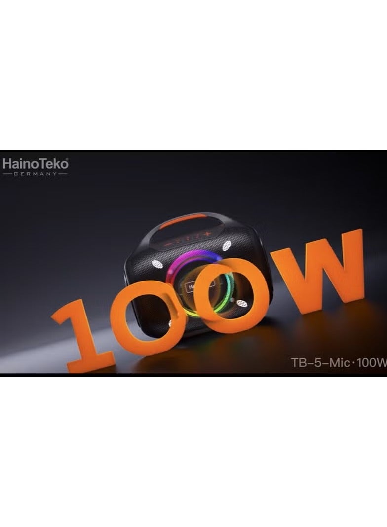 HainoTeko TB-5 Portable Wireless Bluetooth Speaker with 2 Wireless Mics, RGB Lighting, 100W Output Power, Multi-Functional Button Control for Indoor & Outdoor Use - Black - Image 4