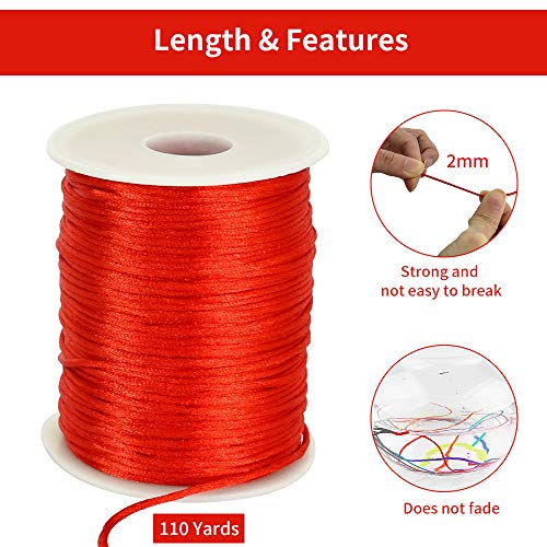 TONIFUL 2mm x 110 Yards Red Nylon Cord Satin String for Bracelet Jewelry Making Rattail Macrame Trim Cord Necklace Bulk Beading Thread Kumihimo Chinese Knot Craft - Image 2
