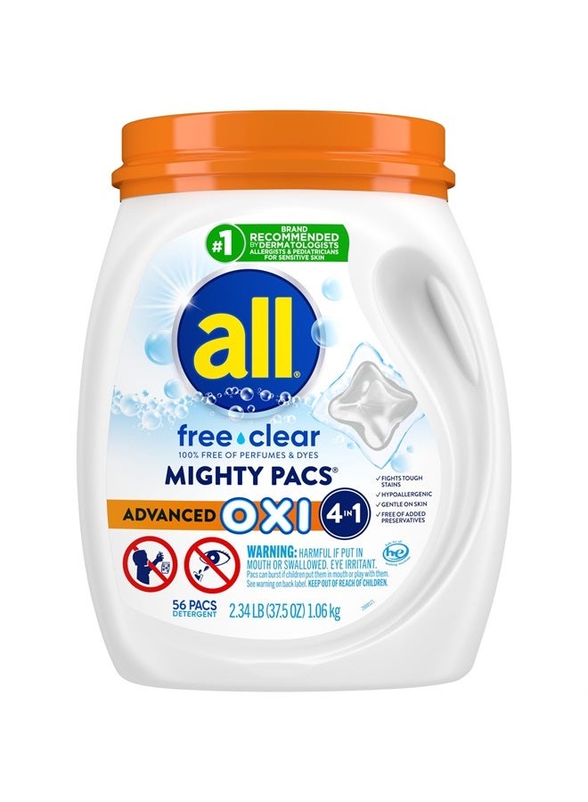 All Laundry Detergent Pacs, Mighty Pacs with OXI Stain Removers and Whiteners, Free Clear, Unscented and Dye Free, 56 Count - Image 1